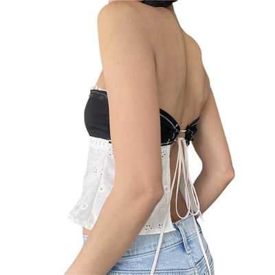 Xingqing y2k Off Shoulder Top Women Fairy Grunge Clothes Summer Sleeveless Lace Trim Patchwork Strapless Tshirt 2000s Streetwear