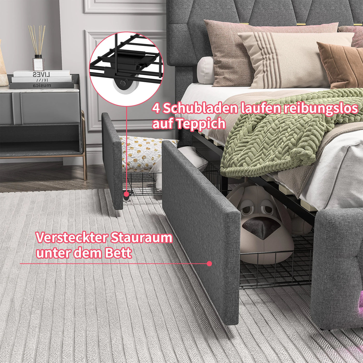Comanlai 140x200 cm Upholstered Bed ith LED Lighting,Double Bed with 4 Drawers,Adjustable Headboard,Storage Bed,linen,Grey