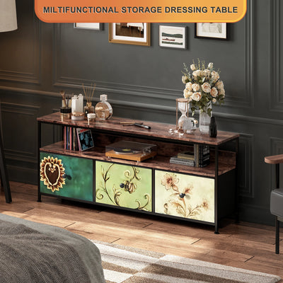108×30×57cm TV Cabinet, Sideboard with 3 Storage Fabric Drawers and Open Shelves, with LED Lighting and Height-adjustable Feet
