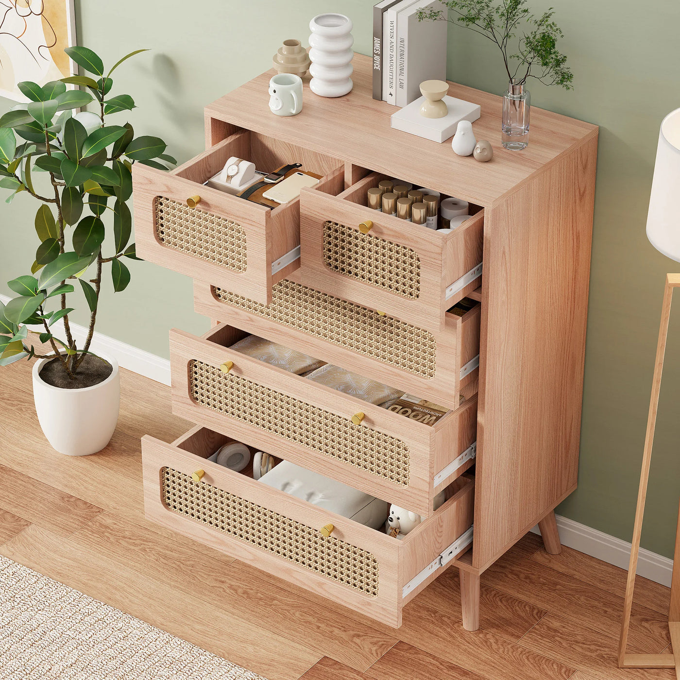 Anajqaqia Rattan Chest of Drawers with 5 Drawers, Wooden Storage Cabinet with Handles, Highboard Sideboard, Kitchen Cabinet