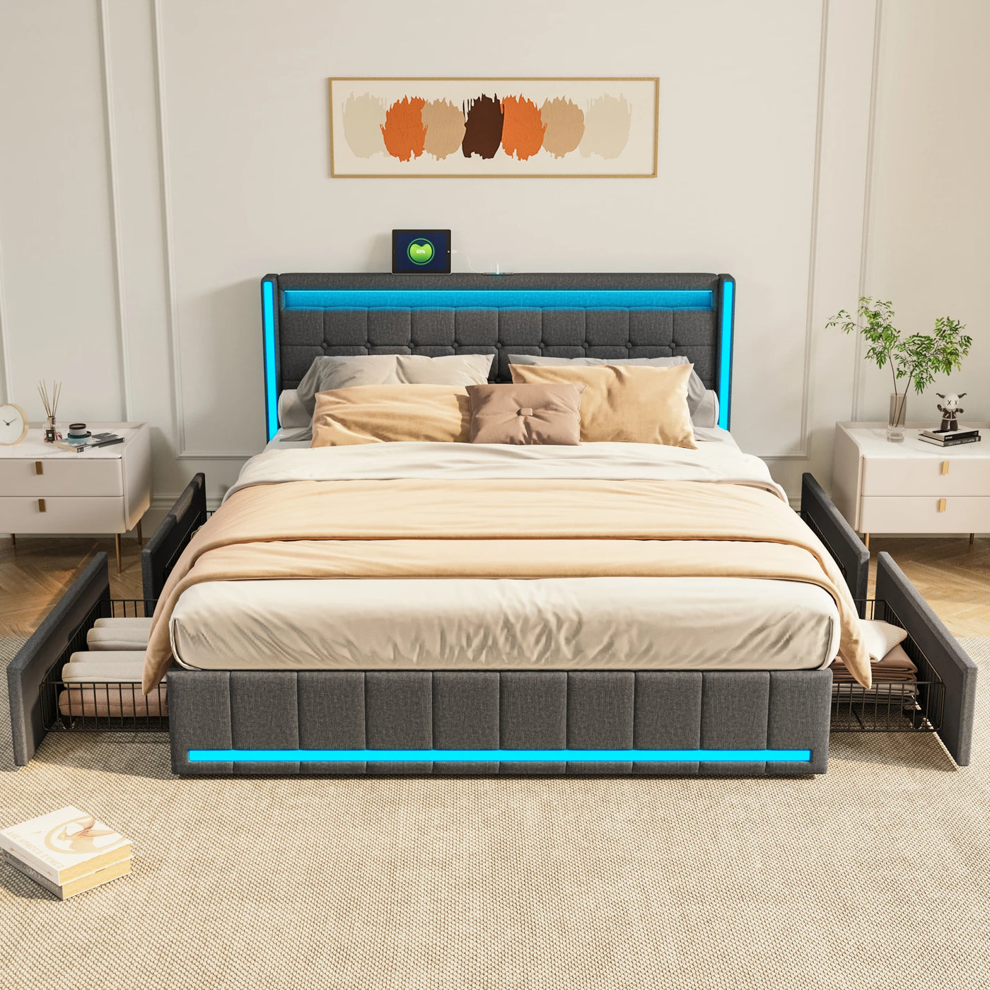 140x200cm Hydraulic Bed, Upholstered Double Bed with LED Lighting and USB Charging, with 4 Drawers, Linen Fabric, Dark Gray