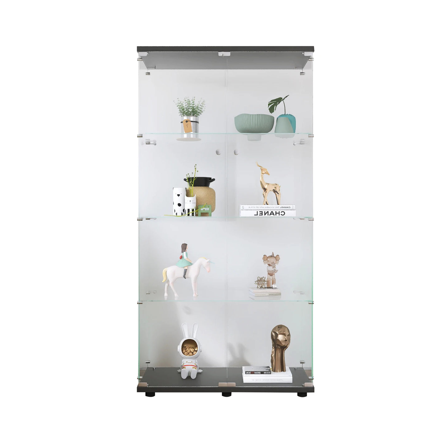 Glass Cabinet with Double Doors, 4-shelf Vertical Glass Display Cabinet with Lock, for Living Room, Black