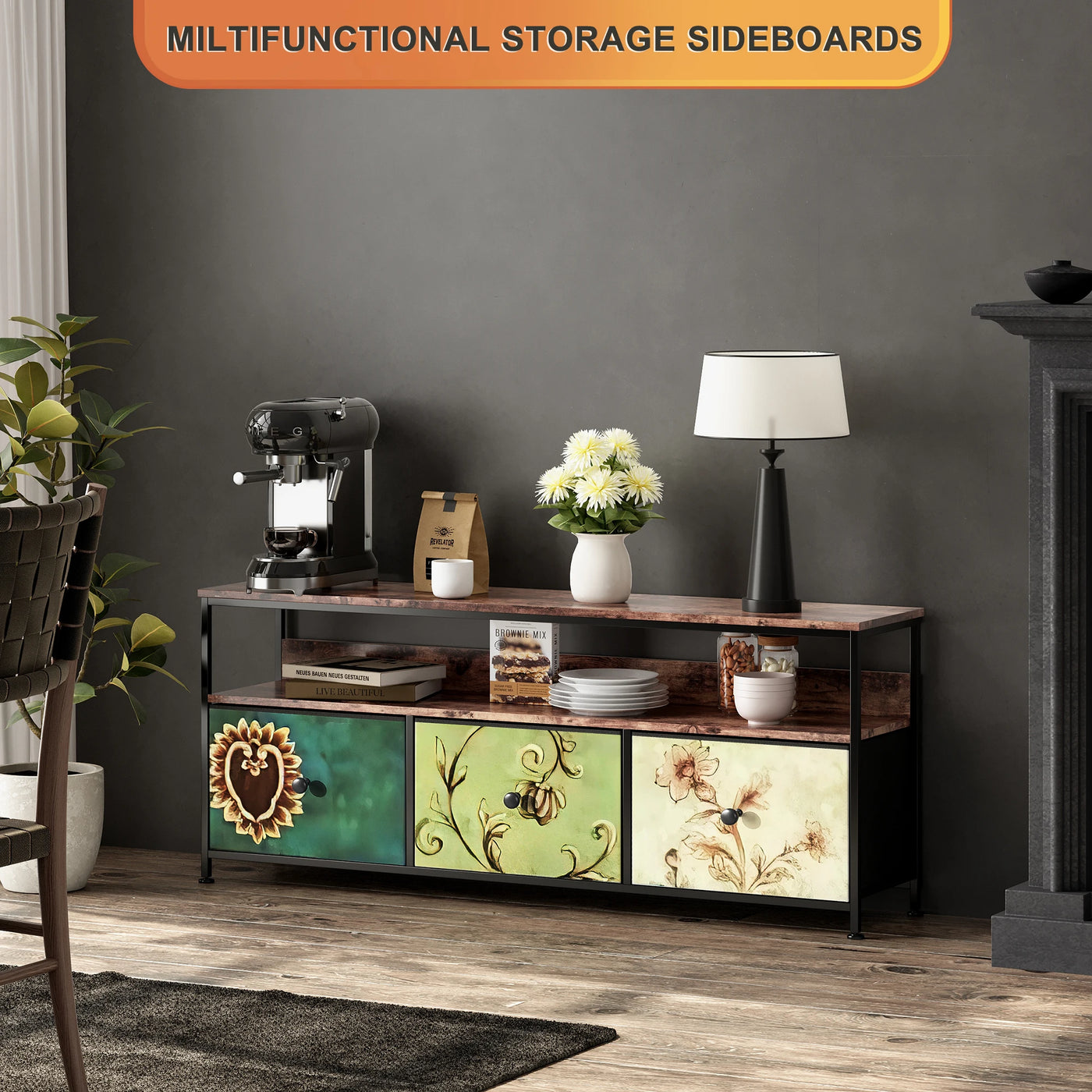 108×30×57cm TV Cabinet, Sideboard with 3 Storage Fabric Drawers and Open Shelves, with LED Lighting and Height-adjustable Feet