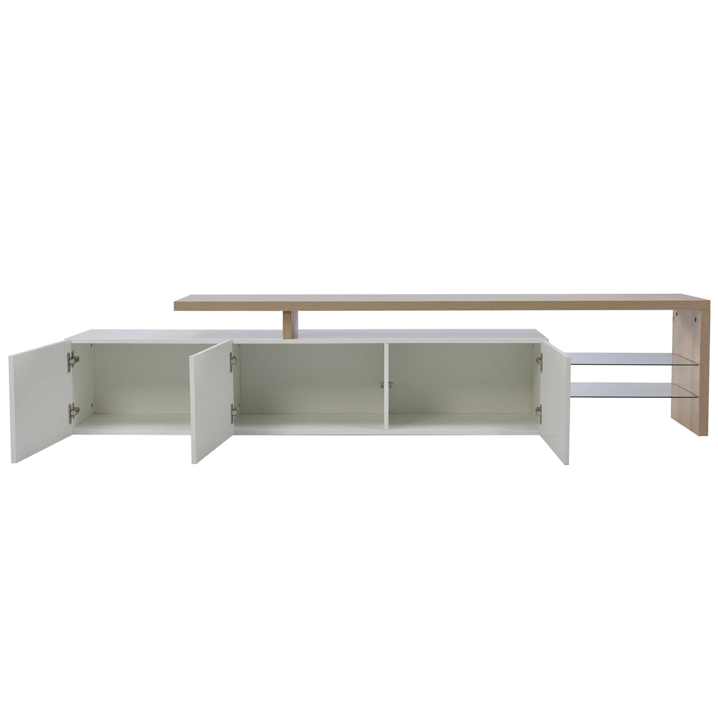 TV Cabinet for Living Room,TV Lowboard,Sideboard, with LED,2 Glass Partition,3 Drawers,White High Gloss