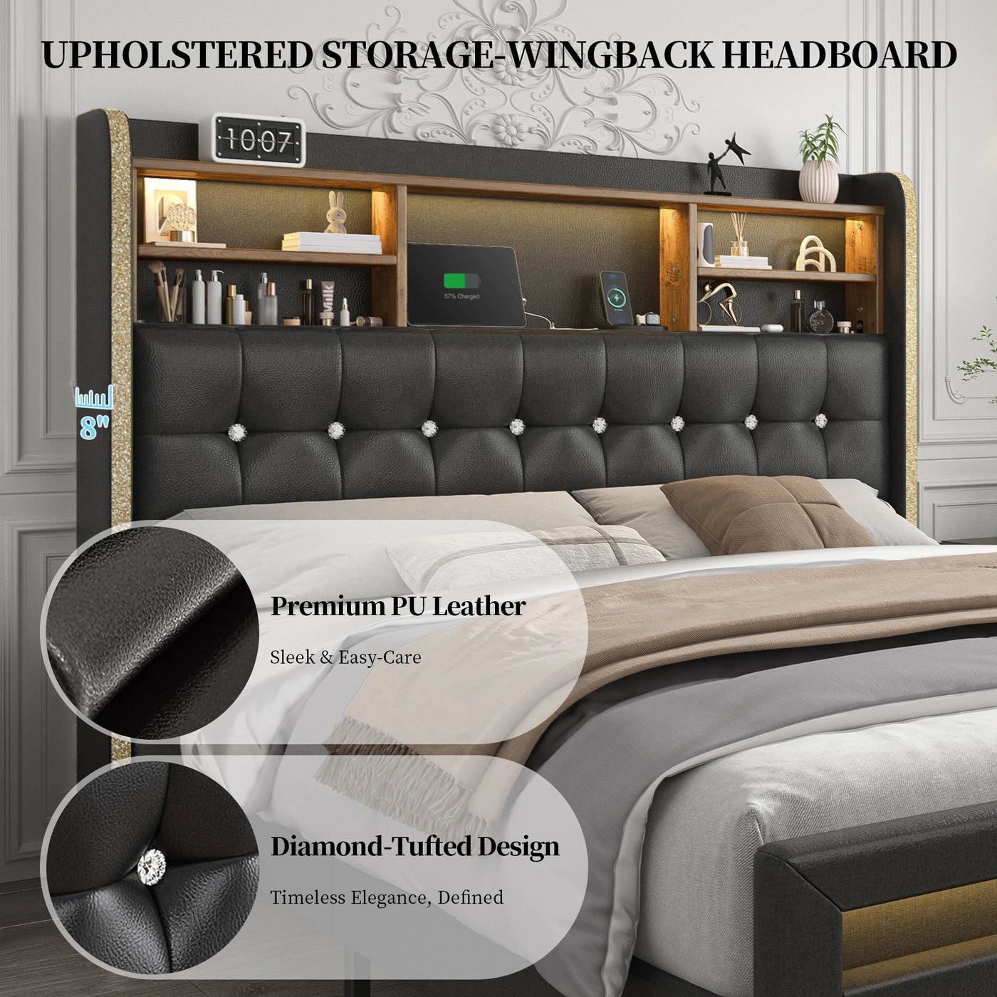 SIBEDS Queen Bed Frame with Bookcase Headboard, 2 Drawers, 52" LED, Charging Station, Tufted Linen Upholstery, Dark Grey