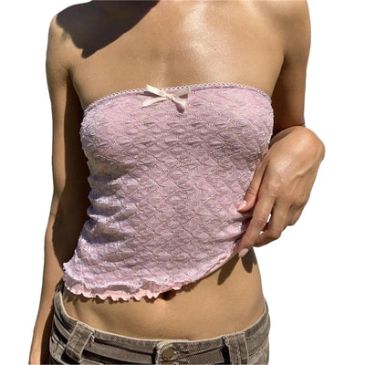 Xingqing y2k Off Shoulder Top Women Fairy Grunge Clothes Summer Sleeveless Lace Trim Patchwork Strapless Tshirt 2000s Streetwear