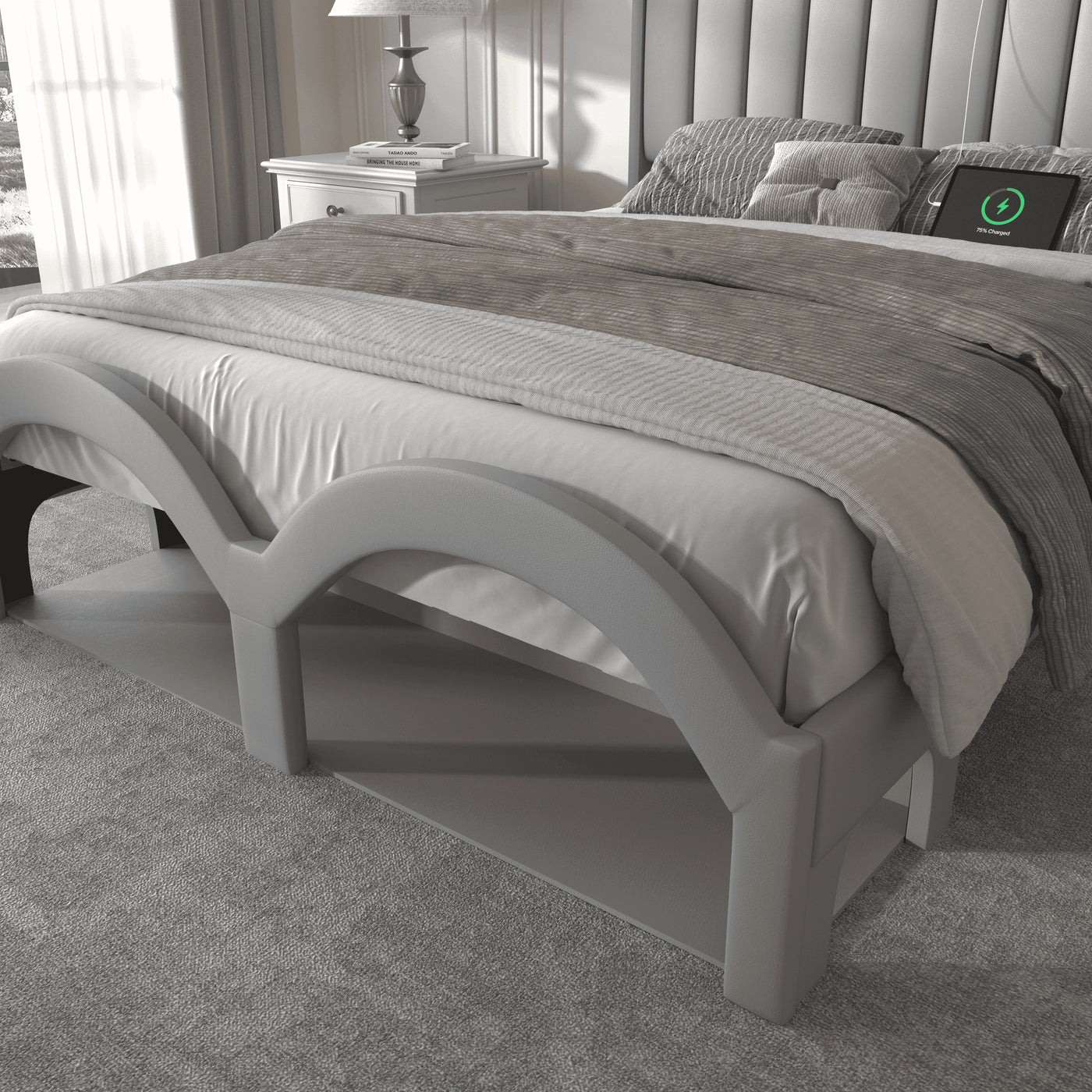 Sibeds Aurora Queen Bed Frame with Pet Rest Area, Storage Headboard, PU Leather Platform, Star Projector
