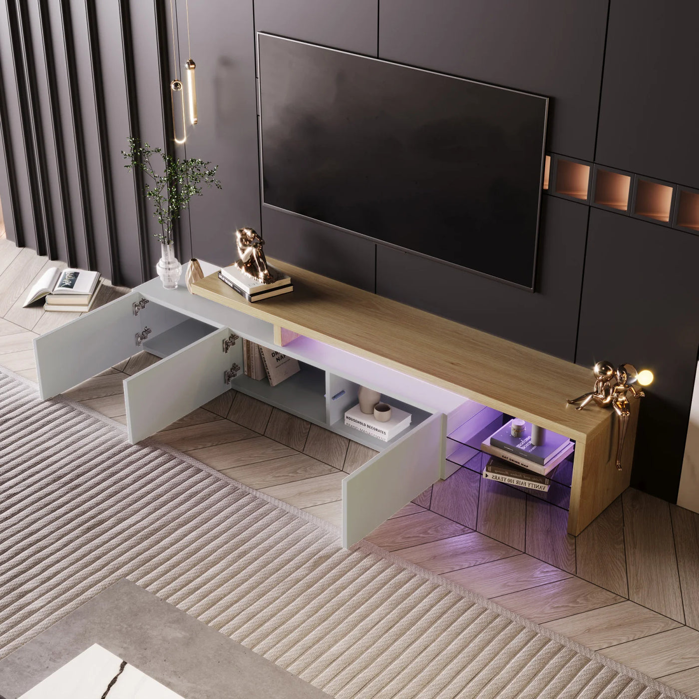 TV Cabinet for Living Room,TV Lowboard,Sideboard, with LED,2 Glass Partition,3 Drawers,White High Gloss