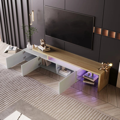 TV Cabinet for Living Room,TV Lowboard,Sideboard, with LED,2 Glass Partition,3 Drawers,White High Gloss