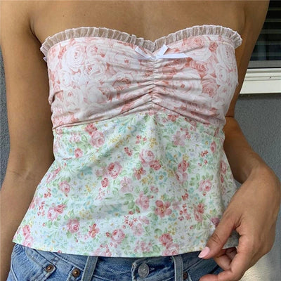 Xingqing y2k Off Shoulder Top Women Fairy Grunge Clothes Summer Sleeveless Lace Trim Patchwork Strapless Tshirt 2000s Streetwear