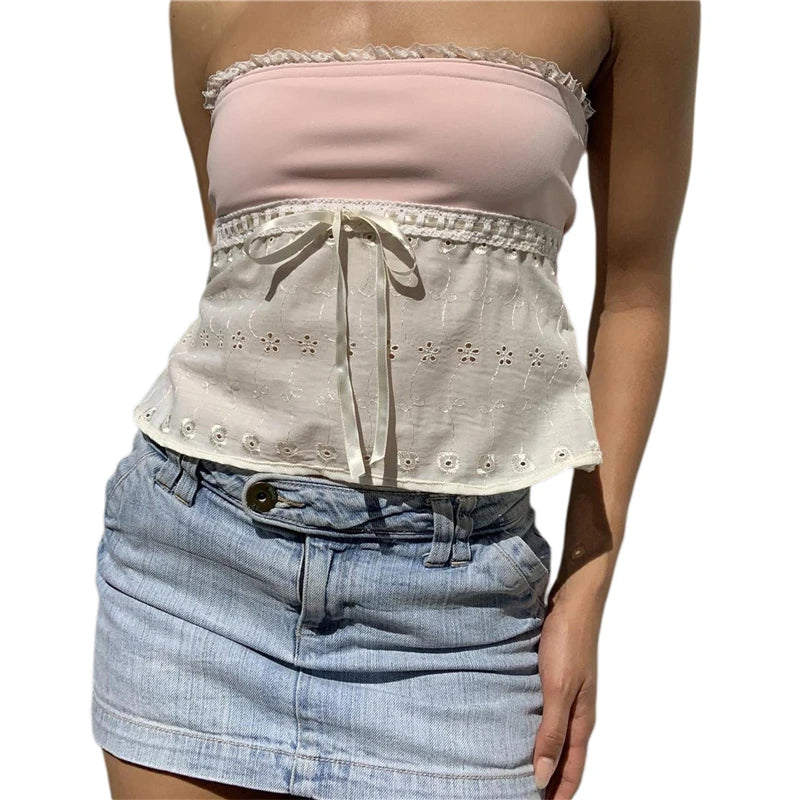 Xingqing y2k Off Shoulder Top Women Fairy Grunge Clothes Summer Sleeveless Lace Trim Patchwork Strapless Tshirt 2000s Streetwear