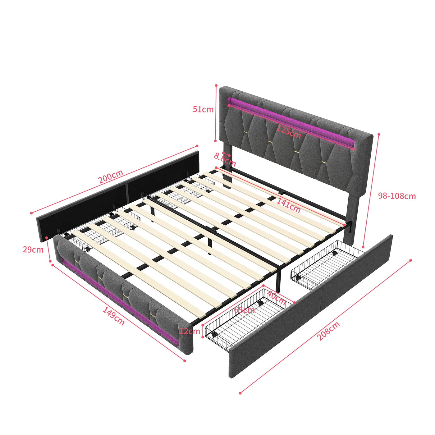 Comanlai 140x200 cm Upholstered Bed ith LED Lighting,Double Bed with 4 Drawers,Adjustable Headboard,Storage Bed,linen,Grey