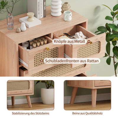 Anajqaqia Rattan Chest of Drawers with 5 Drawers, Wooden Storage Cabinet with Handles, Highboard Sideboard, Kitchen Cabinet