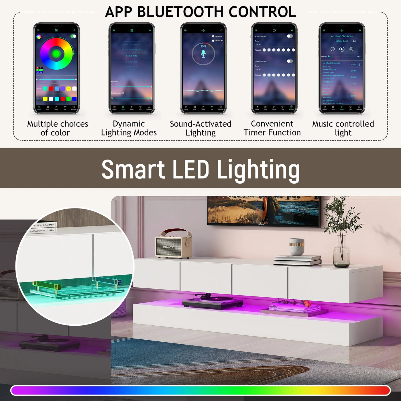 Wall mounted TV wardrobe, TV stand, TV furniture with 2 cabinets and 4 large drawers, 16 color LED lighting
