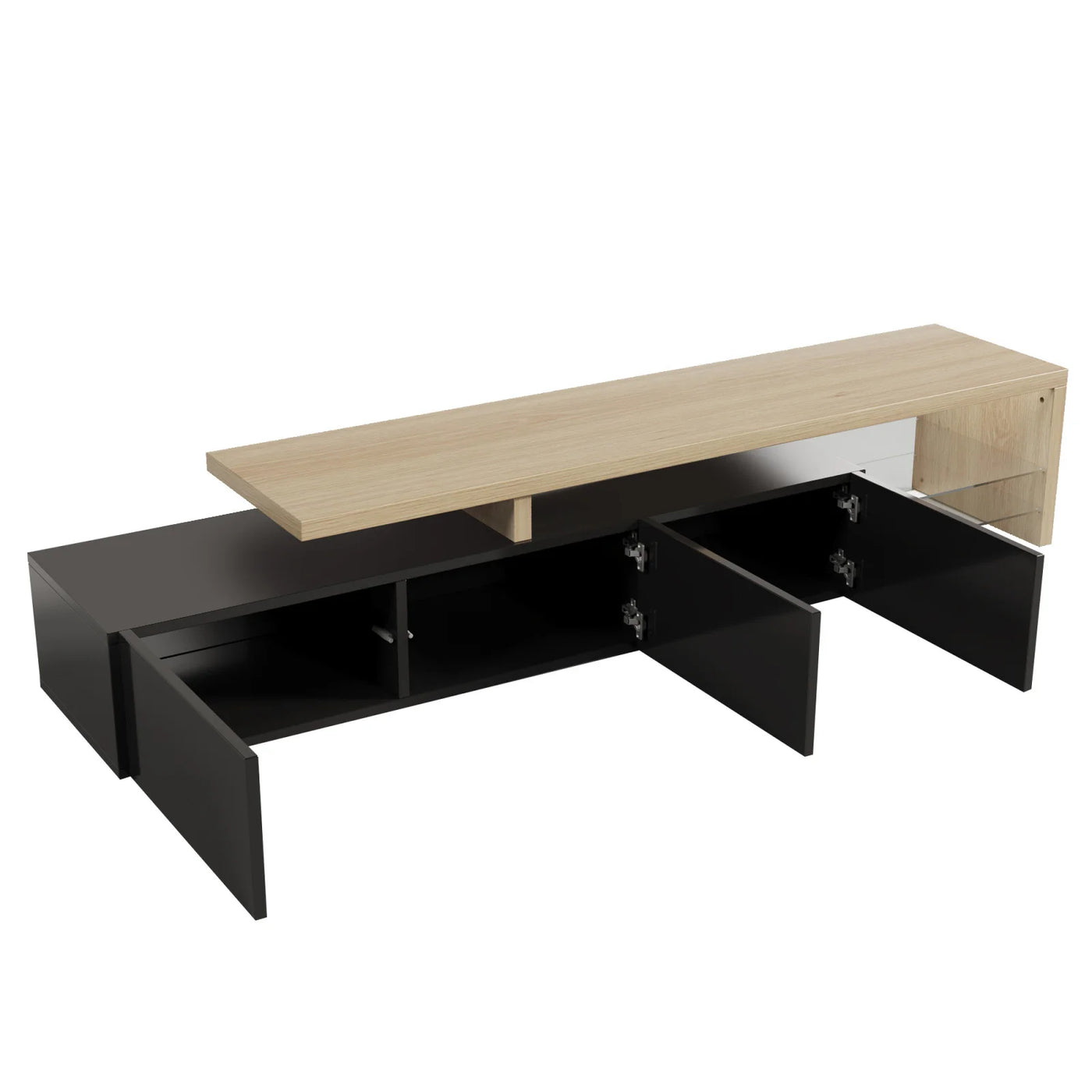 TV Cabinet for Living Room,TV Lowboard,Sideboard, with LED,2 Glass Partition,3 Drawers,White High Gloss