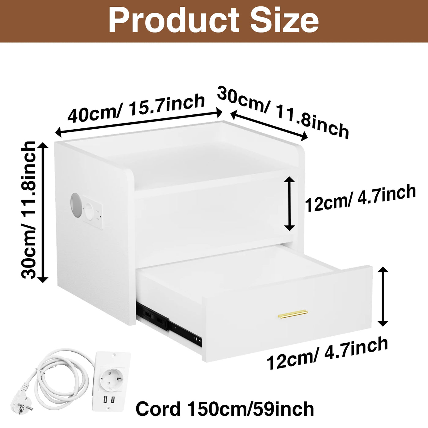 Wall-Mounted Floating Nightstand One Layer Drawer Bedside Table With  1AC Outlet/2USB LED Light Black