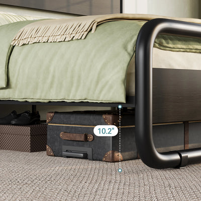 HOOMIC Metal Bed Frame with Curved Wooden Headboard & Footboard, Heavy-Duty Platform Bed with Ample Under-Bed Storage Allewie