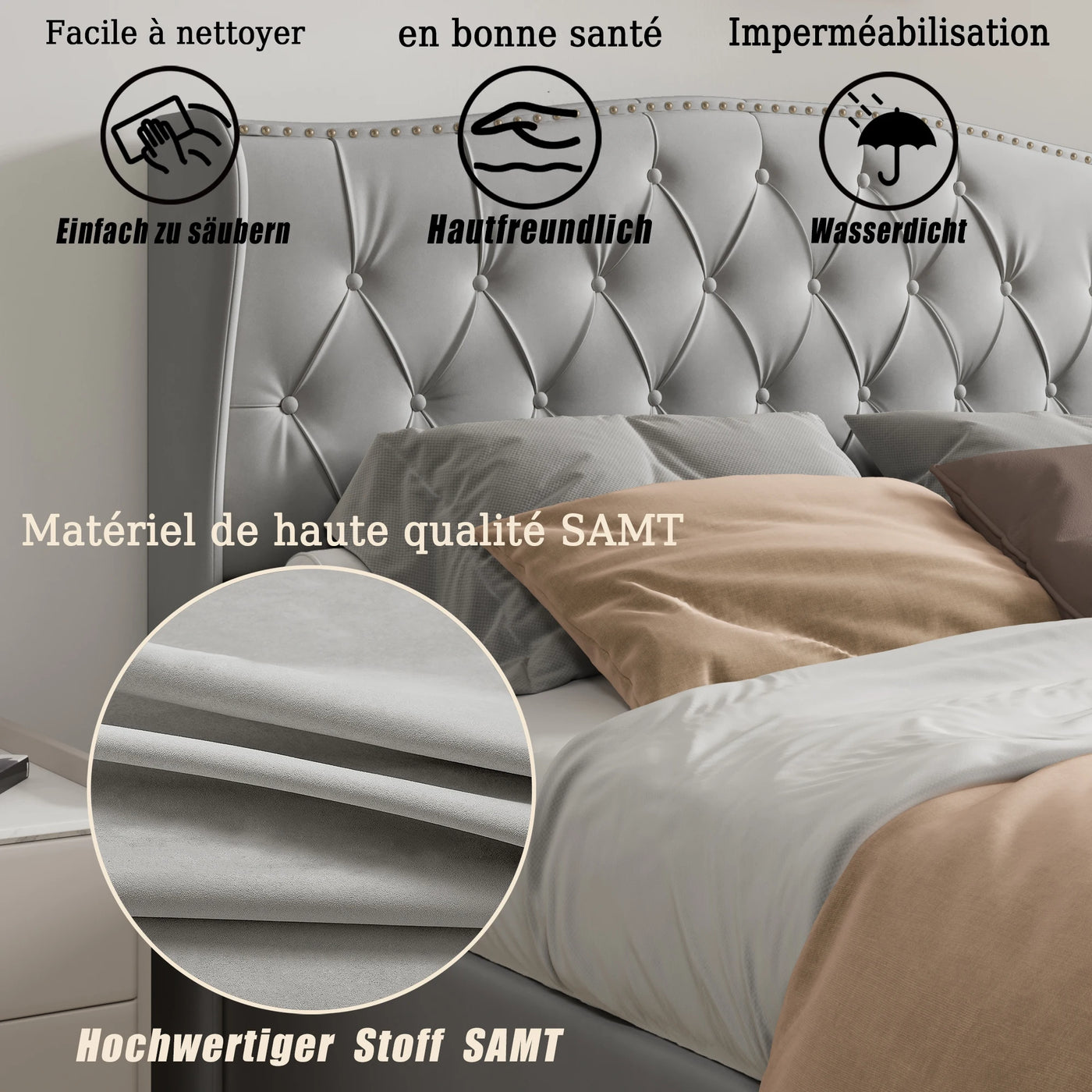 Upholstered Bed, Hydraulic Bed In Modern Style, 140/160 X 200 Cm, Gray Flannel Rivet. Double Bed Without Mattress