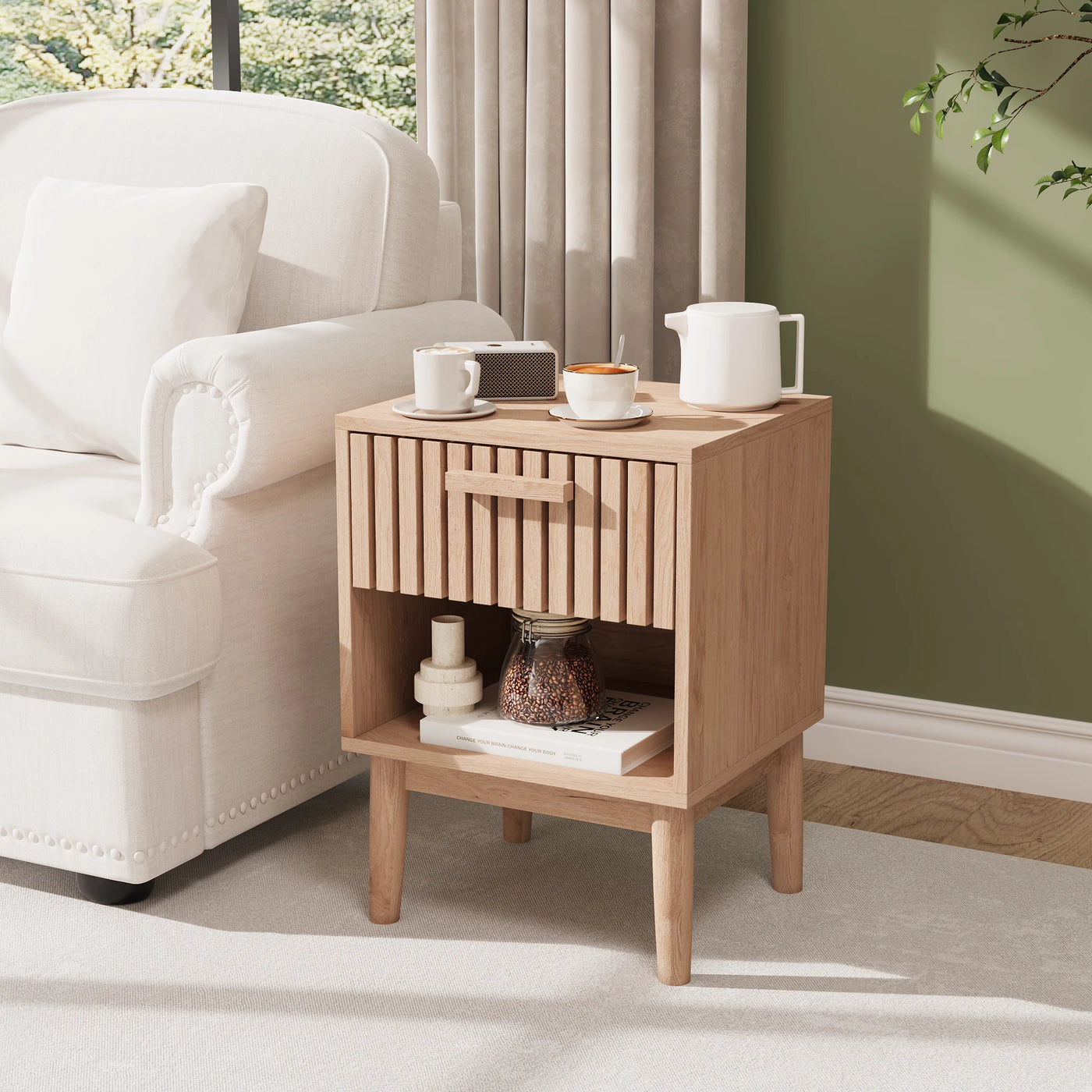 Rosahqnda Bedside Table 2 Set Boho Bedside Table with Open Shelves and Drawer Natural Wood side table table Bedside Table