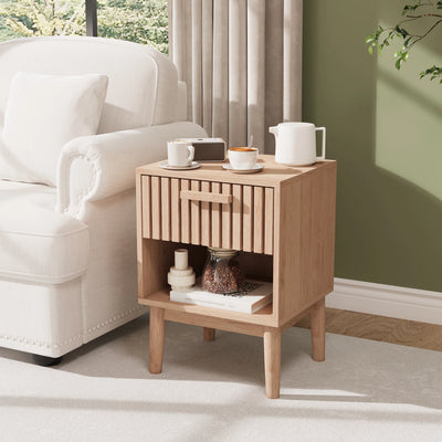 Rosahqnda Bedside Table 2 Set Boho Bedside Table with Open Shelves and Drawer Natural Wood side table table Bedside Table