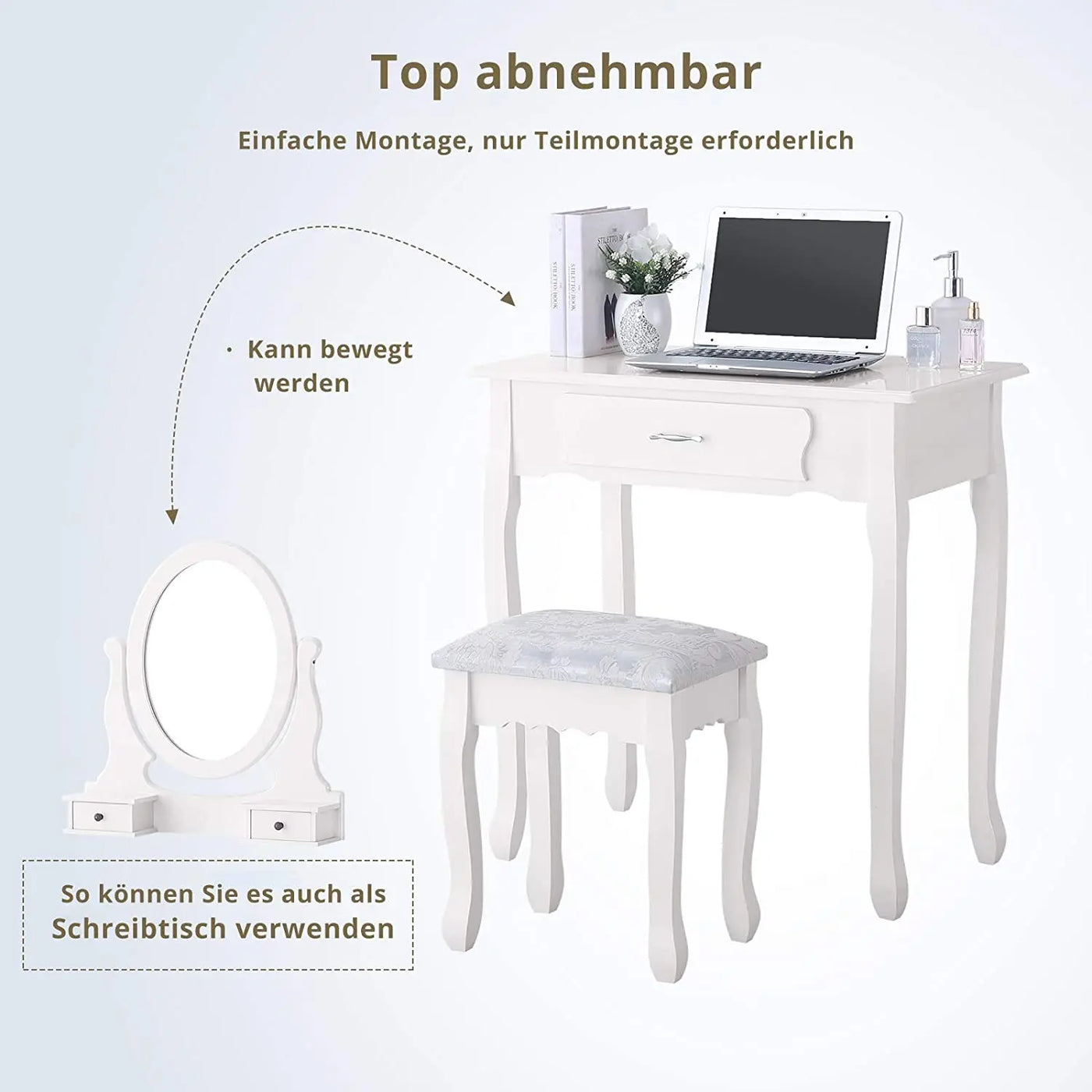Vanity Desk with Mirror, White Makeup Desk, Vanity Desk with 3 Drawers for Bedroom