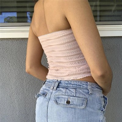 Xingqing y2k Off Shoulder Top Women Fairy Grunge Clothes Summer Sleeveless Lace Trim Patchwork Strapless Tshirt 2000s Streetwear