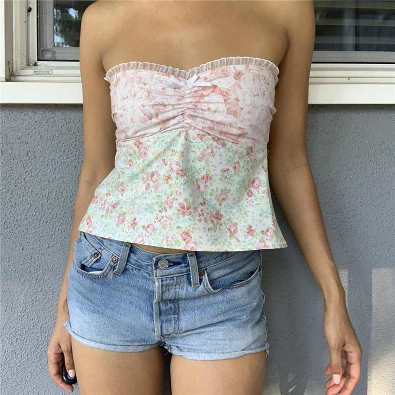Xingqing y2k Off Shoulder Top Women Fairy Grunge Clothes Summer Sleeveless Lace Trim Patchwork Strapless Tshirt 2000s Streetwear
