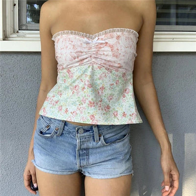 Xingqing y2k Off Shoulder Top Women Fairy Grunge Clothes Summer Sleeveless Lace Trim Patchwork Strapless Tshirt 2000s Streetwear