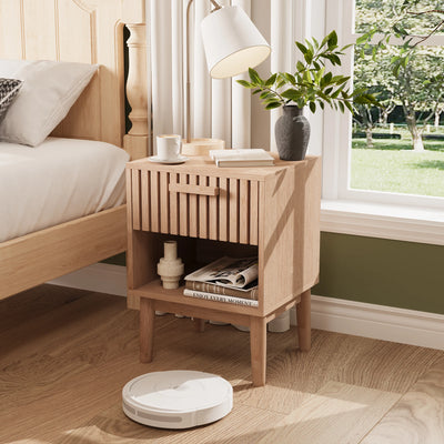 Rosahqnda Bedside Table 2 Set Boho Bedside Table with Open Shelves and Drawer Natural Wood side table table Bedside Table
