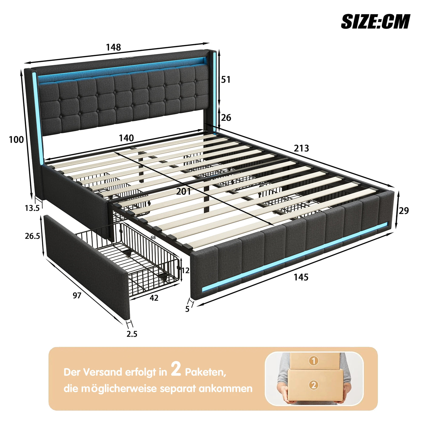 140x200cm Hydraulic Bed, Upholstered Double Bed with LED Lighting and USB Charging, with 4 Drawers, Linen Fabric, Dark Gray