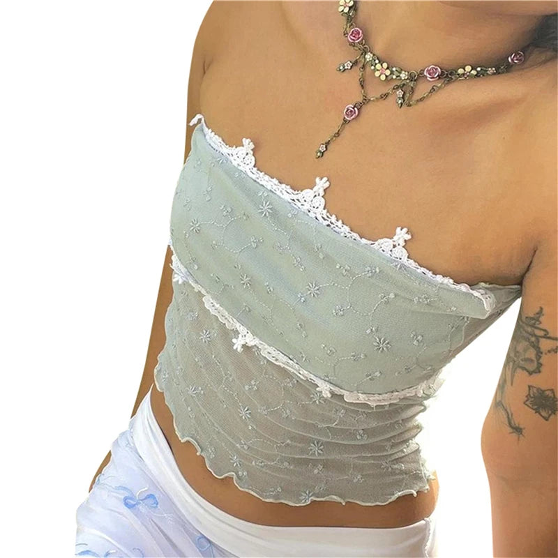 Xingqing y2k Off Shoulder Top Women Fairy Grunge Clothes Summer Sleeveless Lace Trim Patchwork Strapless Tshirt 2000s Streetwear