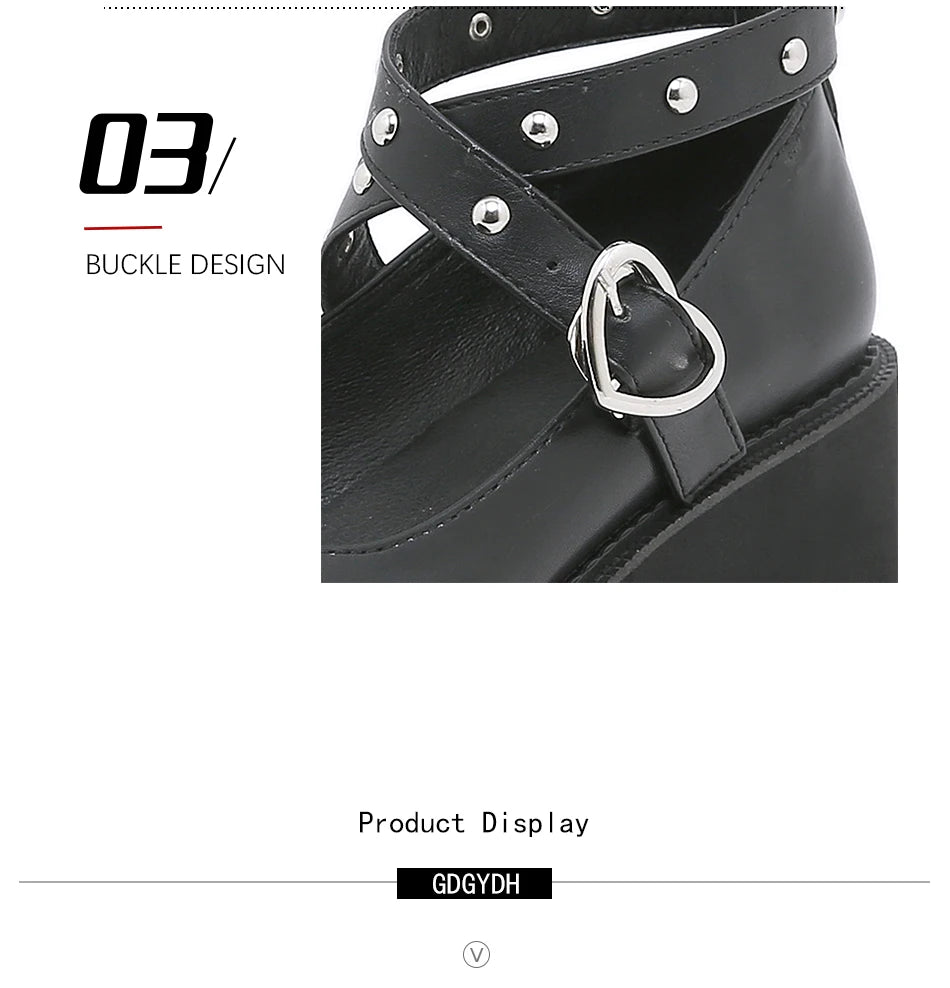 Gdgydh Gothic Lolita Shoes Platform Mary Janes for Women Round Head Thick Heel Cross Bandage Heart Buckle Kawaii Shoes Cosplay
