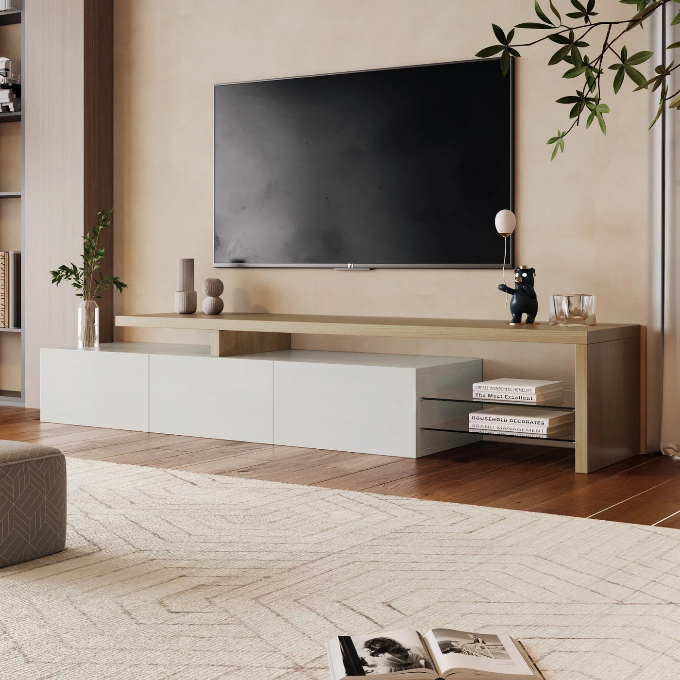 TV Cabinet for Living Room,TV Lowboard,Sideboard, with LED,2 Glass Partition,3 Drawers,White High Gloss