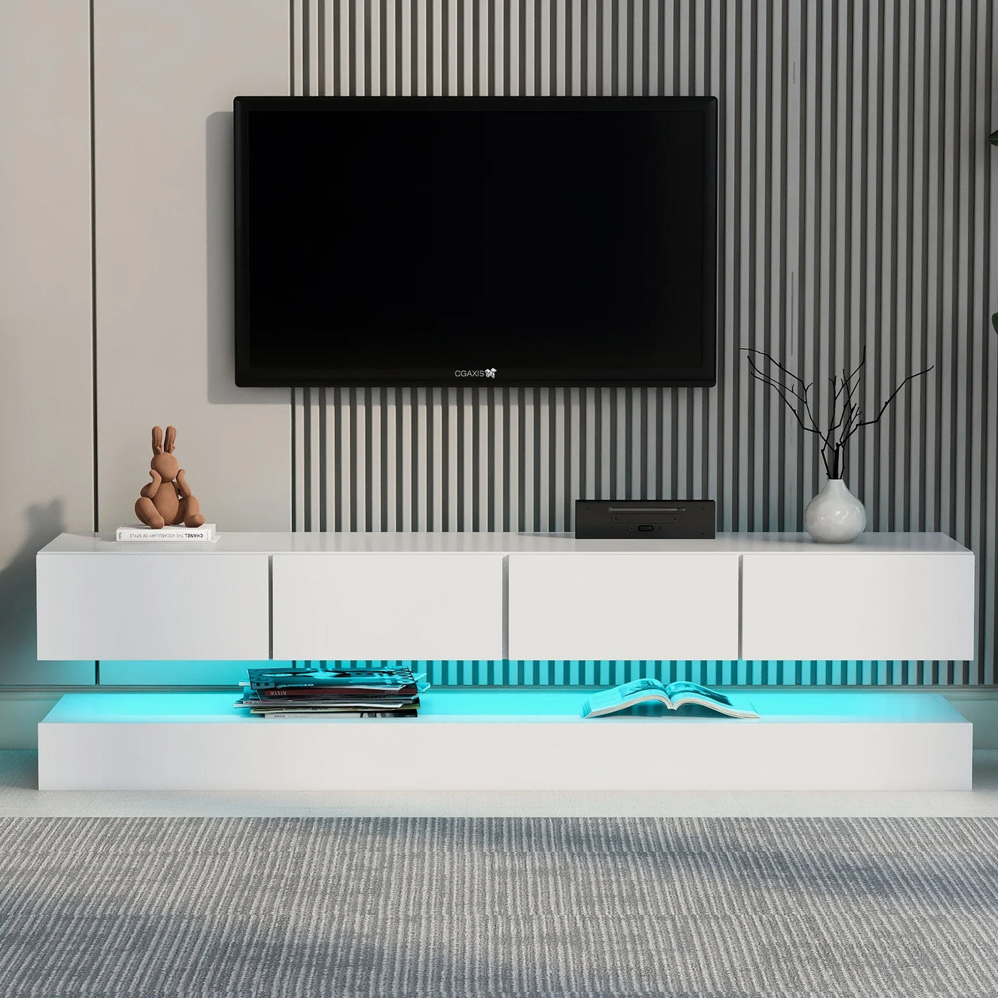 Wall mounted TV wardrobe, TV stand, TV furniture with 2 cabinets and 4 large drawers, 16 color LED lighting