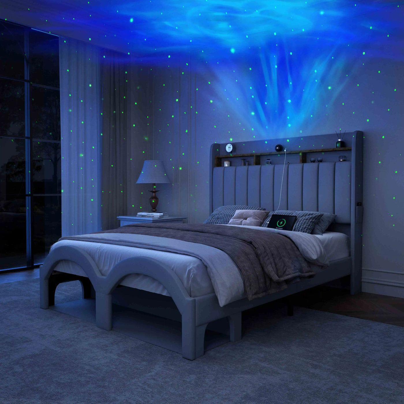 Sibeds Aurora Queen Bed Frame with Pet Rest Area, Storage Headboard, PU Leather Platform, Star Projector