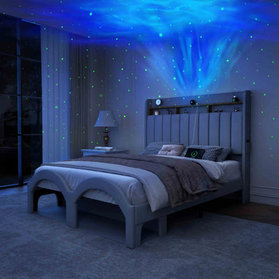 Sibeds Aurora Queen Bed Frame with Pet Rest Area, Storage Headboard, PU Leather Platform, Star Projector