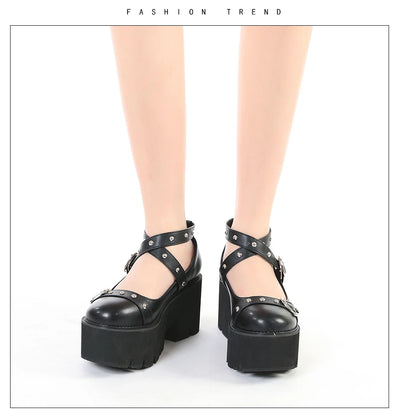 Gdgydh Gothic Lolita Shoes Platform Mary Janes for Women Round Head Thick Heel Cross Bandage Heart Buckle Kawaii Shoes Cosplay