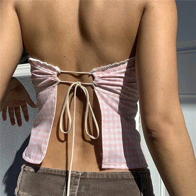 Xingqing y2k Off Shoulder Top Women Fairy Grunge Clothes Summer Sleeveless Lace Trim Patchwork Strapless Tshirt 2000s Streetwear