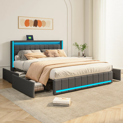 140x200cm Hydraulic Bed, Upholstered Double Bed with LED Lighting and USB Charging, with 4 Drawers, Linen Fabric, Dark Gray