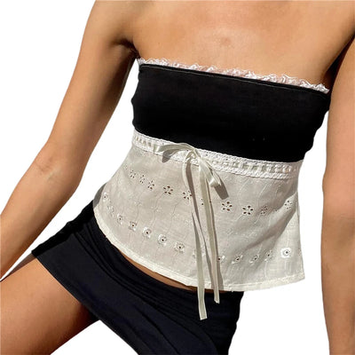 Xingqing y2k Off Shoulder Top Women Fairy Grunge Clothes Summer Sleeveless Lace Trim Patchwork Strapless Tshirt 2000s Streetwear