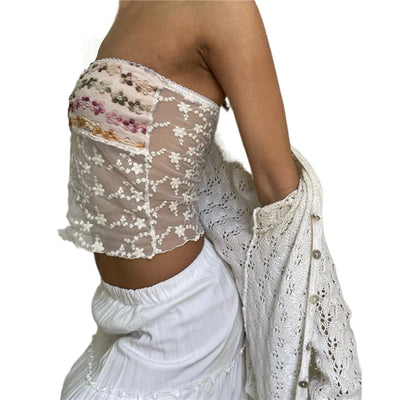 Xingqing y2k Off Shoulder Top Women Fairy Grunge Clothes Summer Sleeveless Lace Trim Patchwork Strapless Tshirt 2000s Streetwear