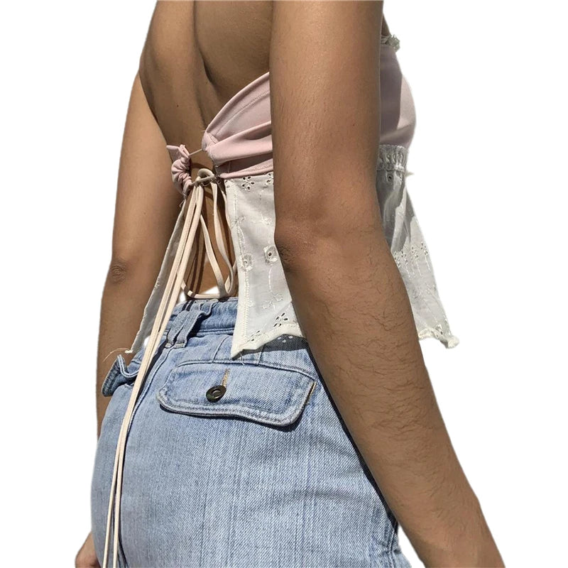 Xingqing y2k Off Shoulder Top Women Fairy Grunge Clothes Summer Sleeveless Lace Trim Patchwork Strapless Tshirt 2000s Streetwear