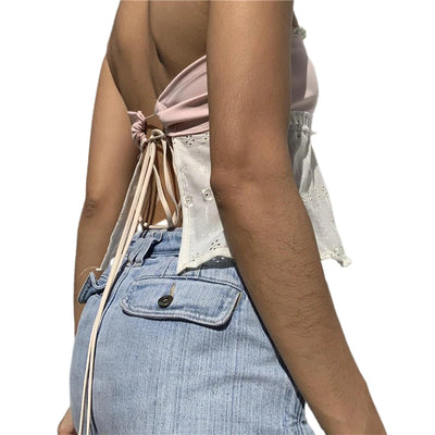 Xingqing y2k Off Shoulder Top Women Fairy Grunge Clothes Summer Sleeveless Lace Trim Patchwork Strapless Tshirt 2000s Streetwear