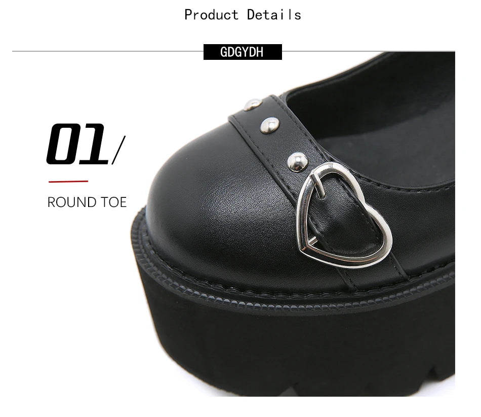 Gdgydh Gothic Lolita Shoes Platform Mary Janes for Women Round Head Thick Heel Cross Bandage Heart Buckle Kawaii Shoes Cosplay