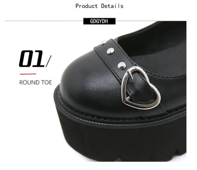 Gdgydh Gothic Lolita Shoes Platform Mary Janes for Women Round Head Thick Heel Cross Bandage Heart Buckle Kawaii Shoes Cosplay