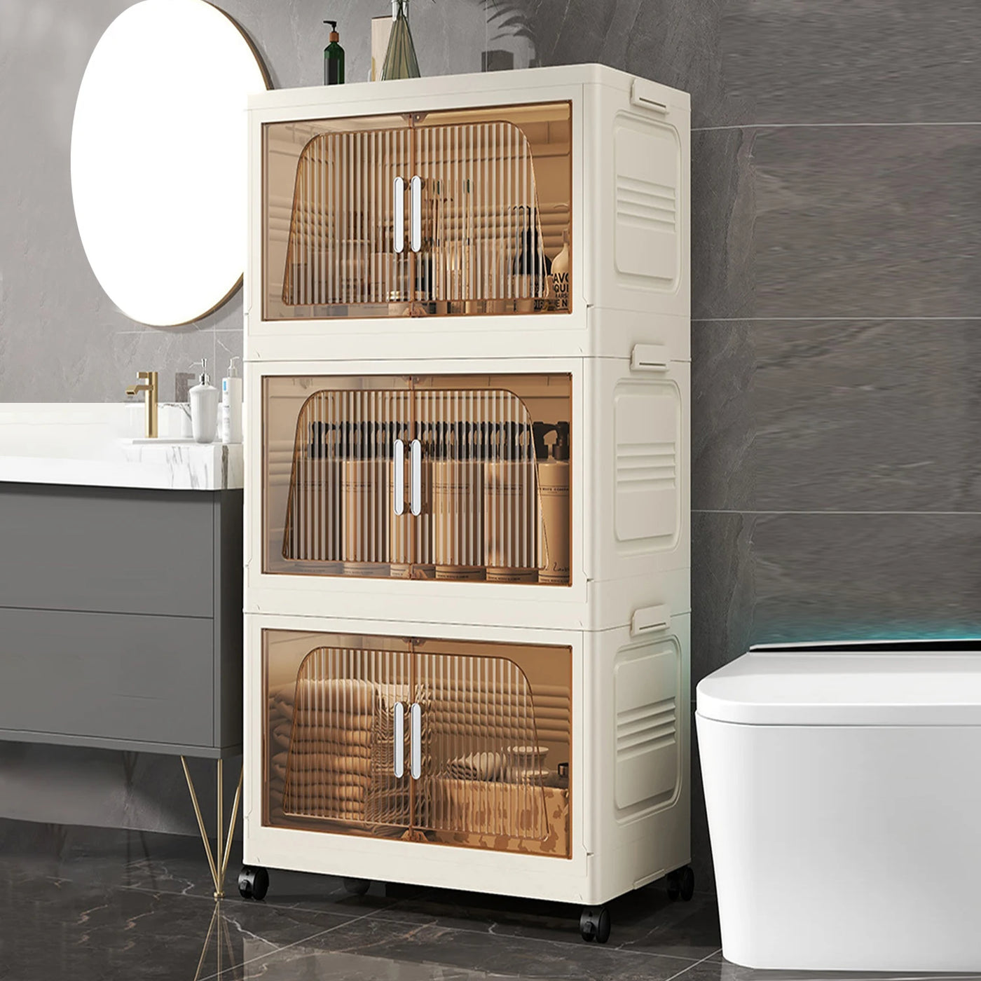 Foldable Storage Box with Clear Door Large Capacity Plastic Storage Bin Living Room Stackable Sundries Storage Box with Wheels