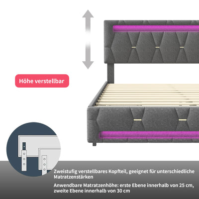 Comanlai 140x200 cm Upholstered Bed ith LED Lighting,Double Bed with 4 Drawers,Adjustable Headboard,Storage Bed,linen,Grey