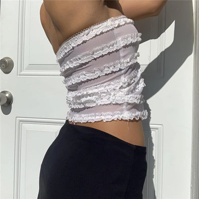 Xingqing y2k Off Shoulder Top Women Fairy Grunge Clothes Summer Sleeveless Lace Trim Patchwork Strapless Tshirt 2000s Streetwear