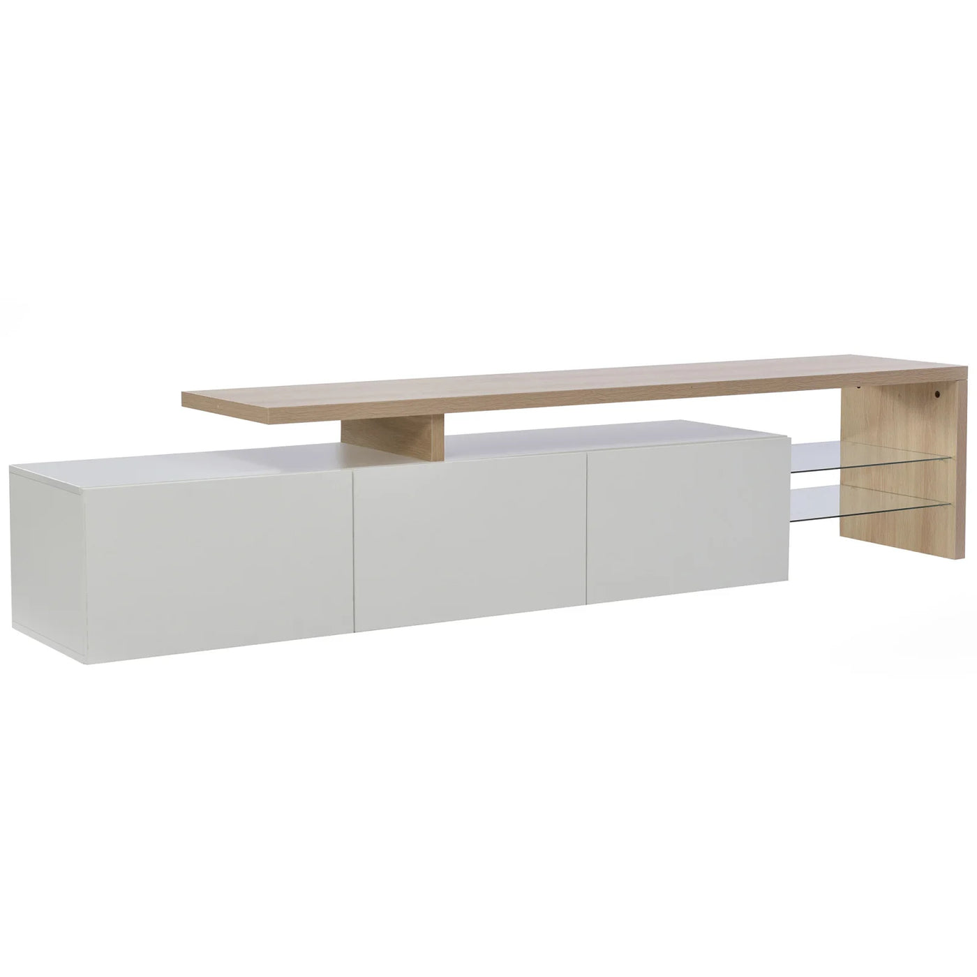 TV Cabinet for Living Room,TV Lowboard,Sideboard, with LED,2 Glass Partition,3 Drawers,White High Gloss