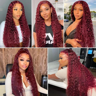 Burgudny Red Kinky Curly Human Hair Wigs Deep Wave 13x4 HD Lace Frontal Wigs 99J Red HD Lace Front 100% Human Hair Wig For Women